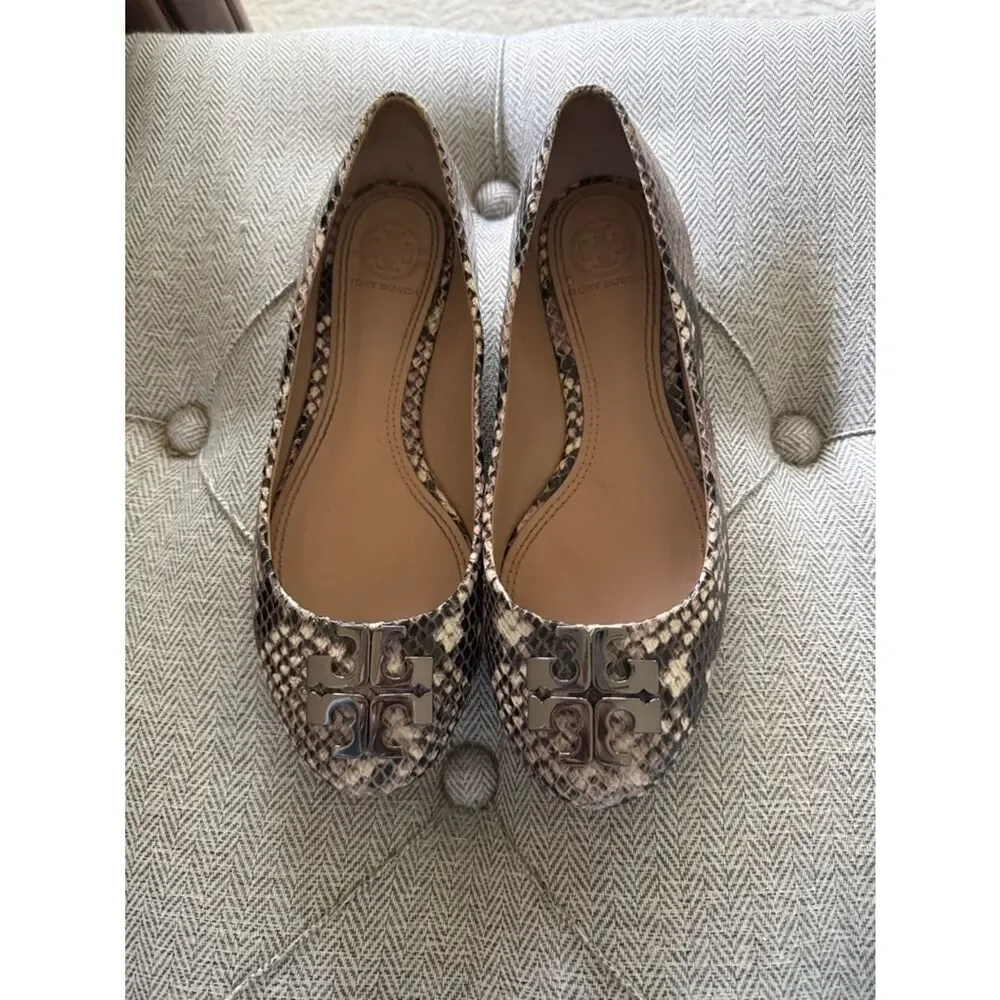 Tory Burch Lowell Neutral Snake-Print Logo Ballet Flats size 6
